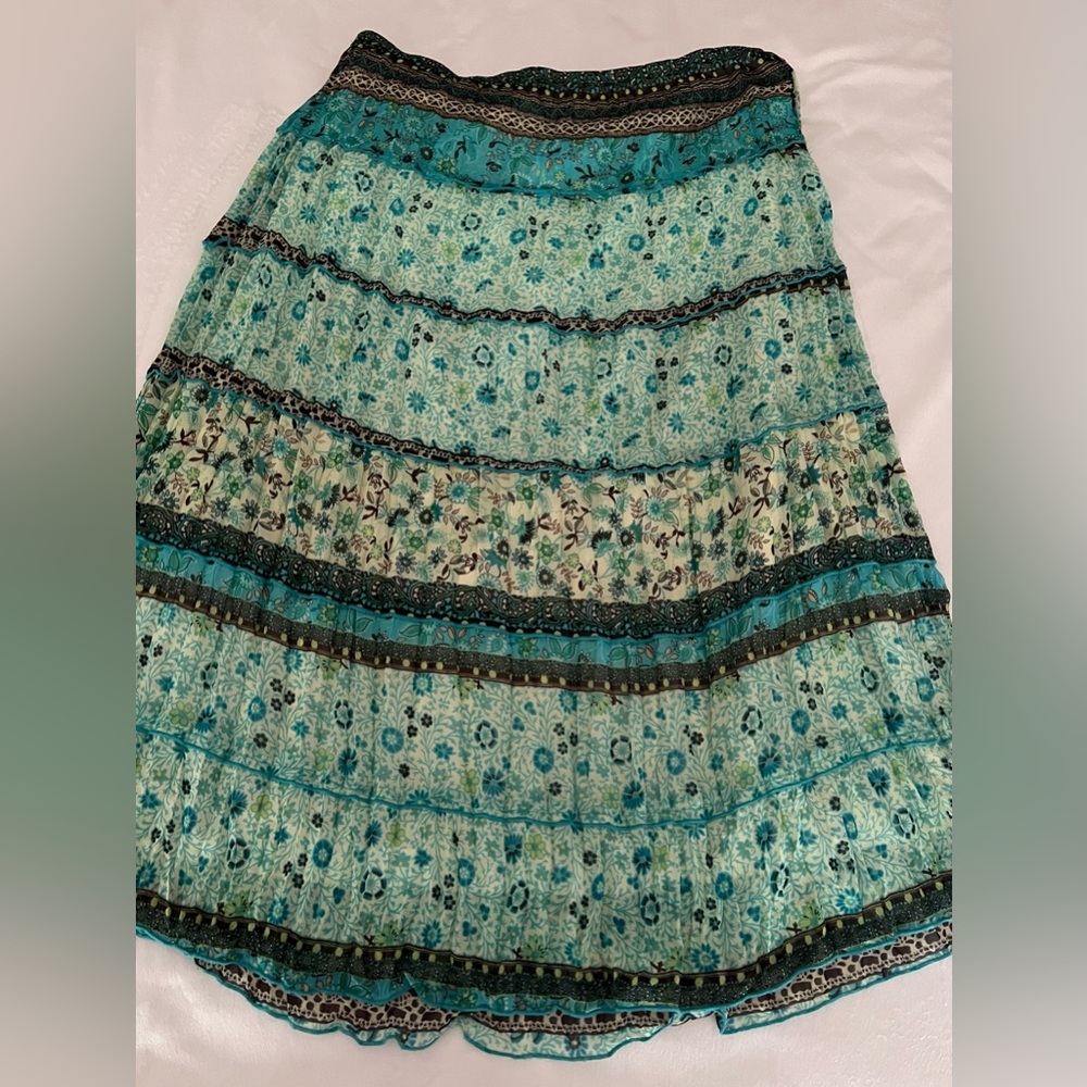 Teal Floral Tiered Maxi Skirt